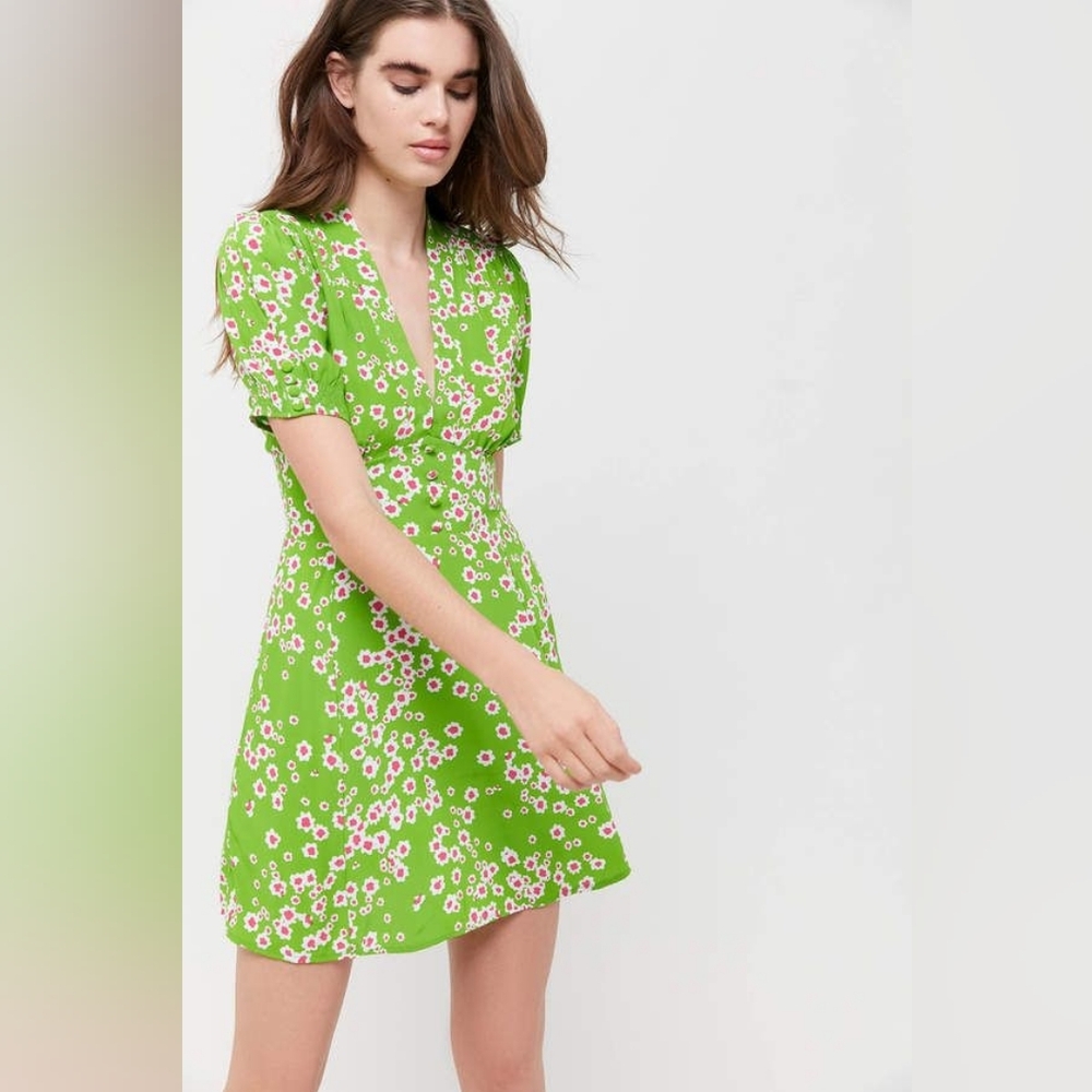 Faithfull The Brand Laurel Green Floral Mini Dress A-Line Sz S Boho Cottagecore